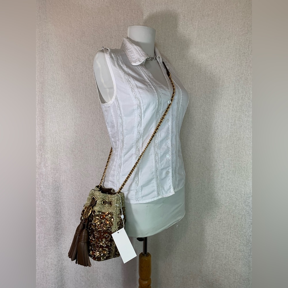 NEW Tory Burch Soft Fleming Gold Crochet Jewel Mini Bucket Tote/Crossbody Bag - Picture 16 of 16